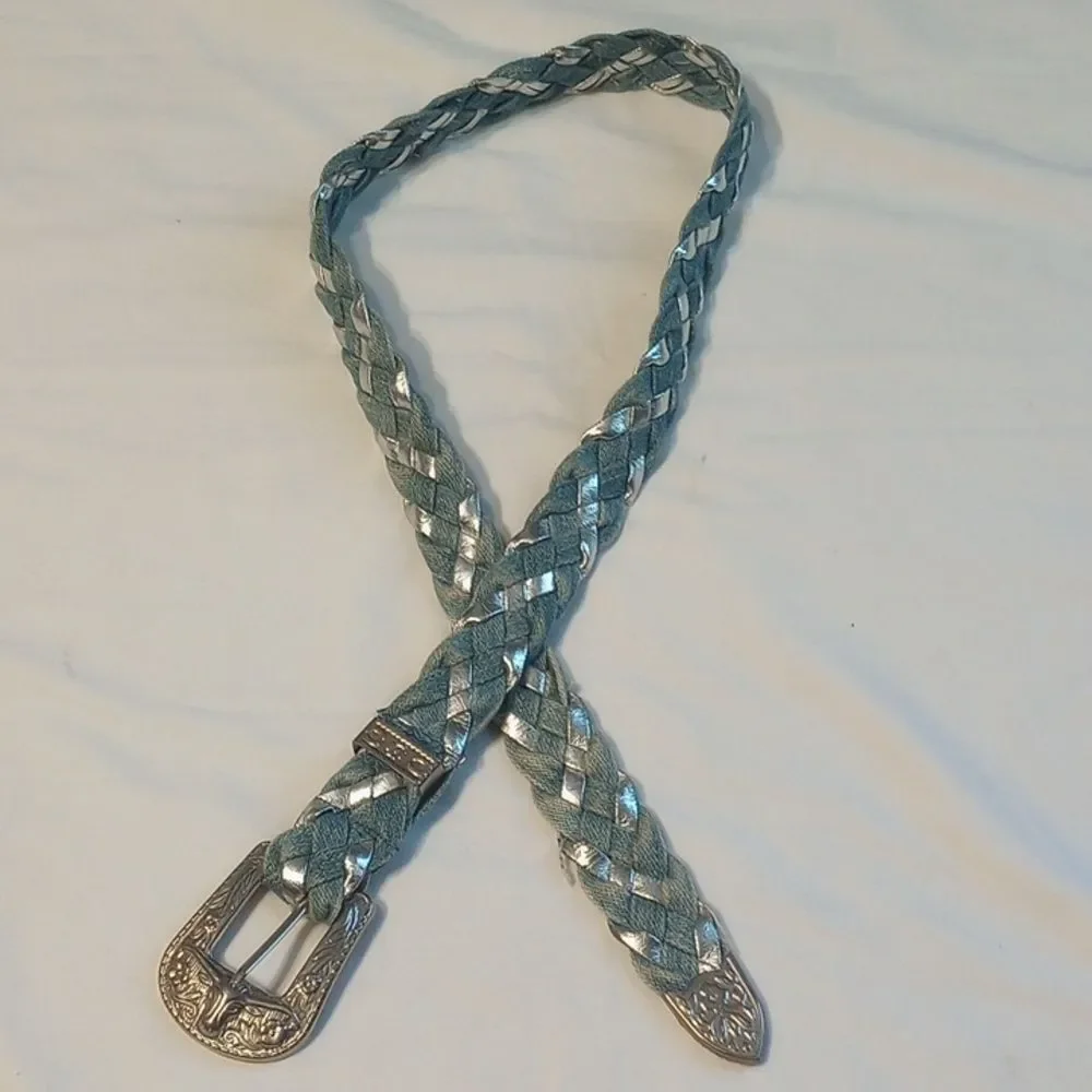Girls Vintage Silver and Denium Braided Belt with Tin Buckle